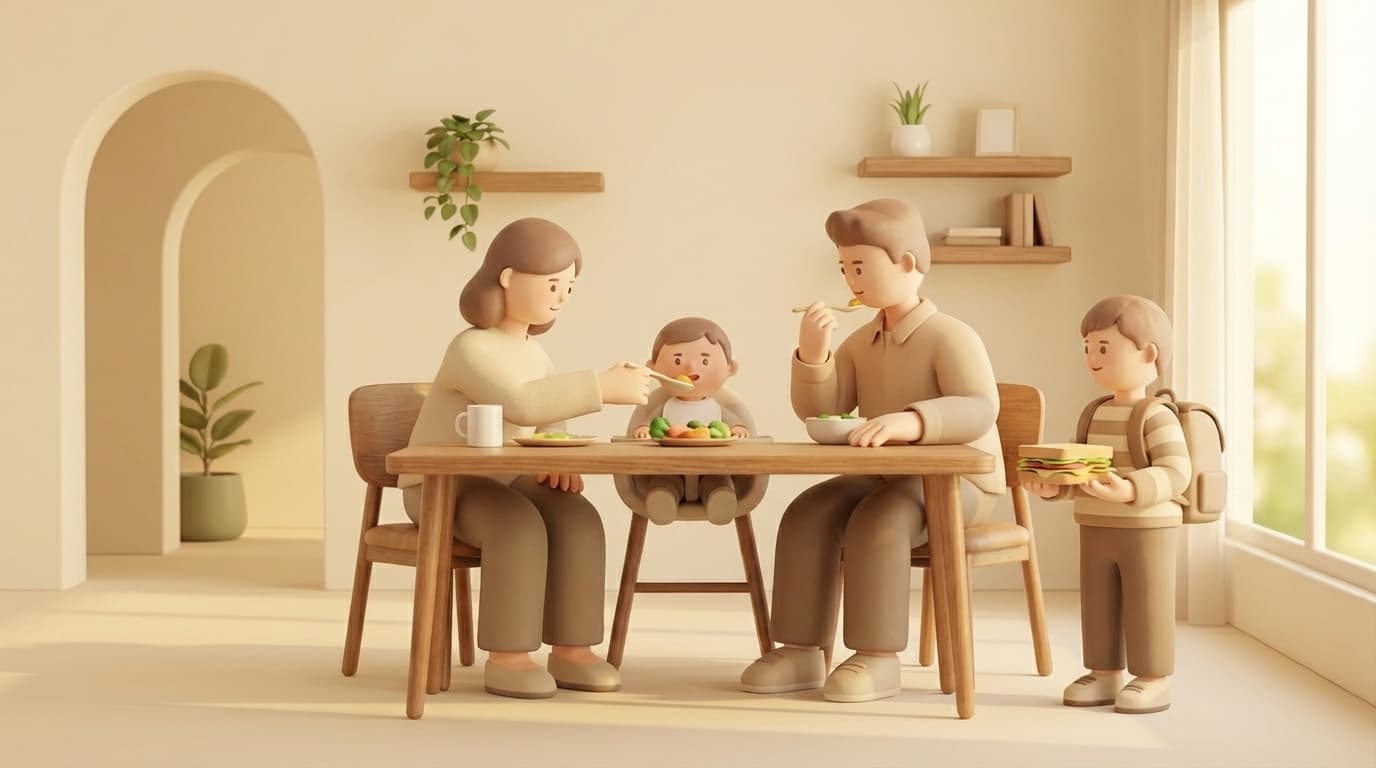 خانواده در حال تغذیه سالم کودک و آماده‌سازی غذای کودک