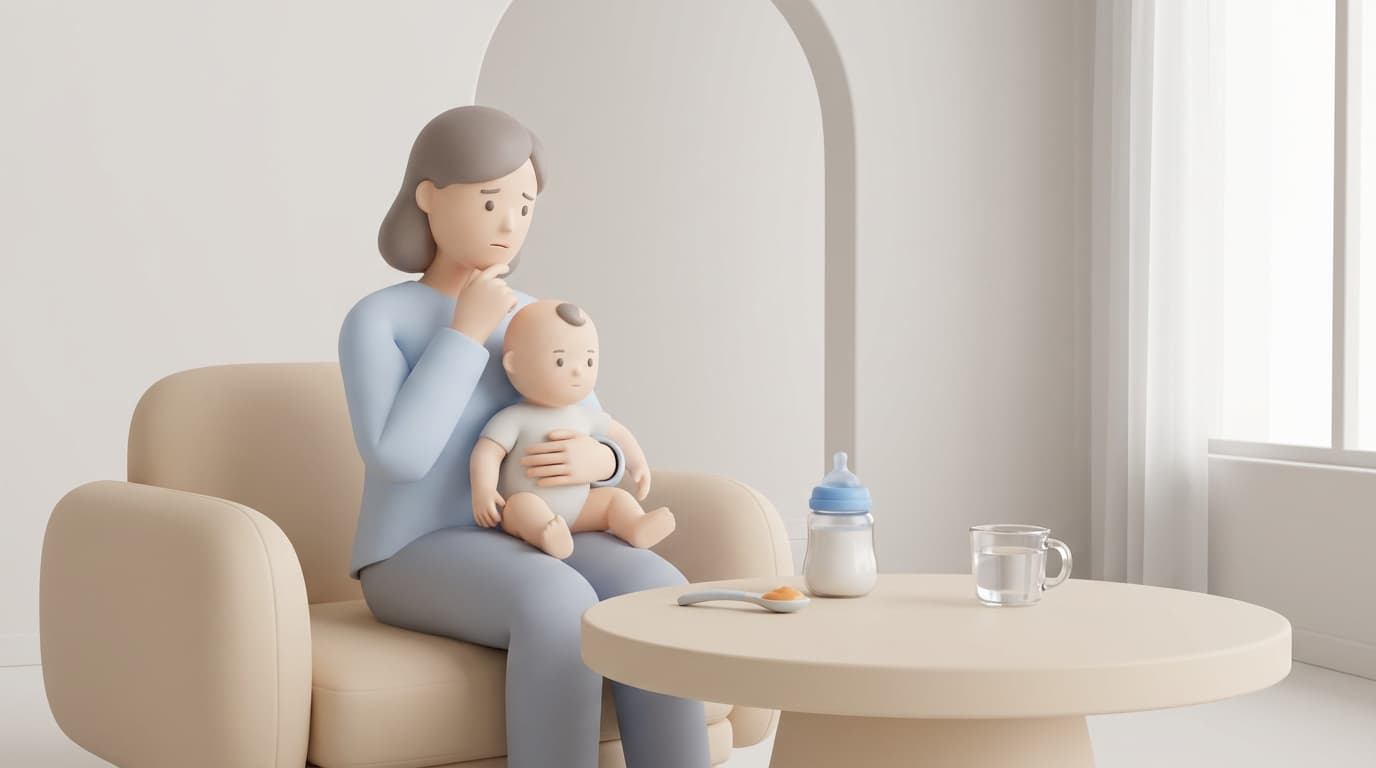 مادر نگران با نوزاد و غذای کمکی روی میز