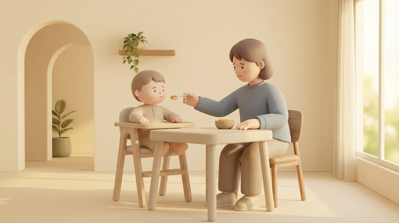 کودک بی‌اشت‌ها هنگام غذا خوردن و تلاش والدین برای تغذیه سالم