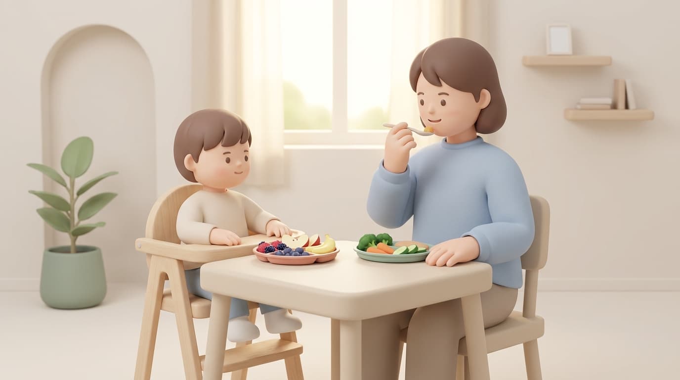 مادر و کودک در حال خوردن غذای سالم و میوه‌ها