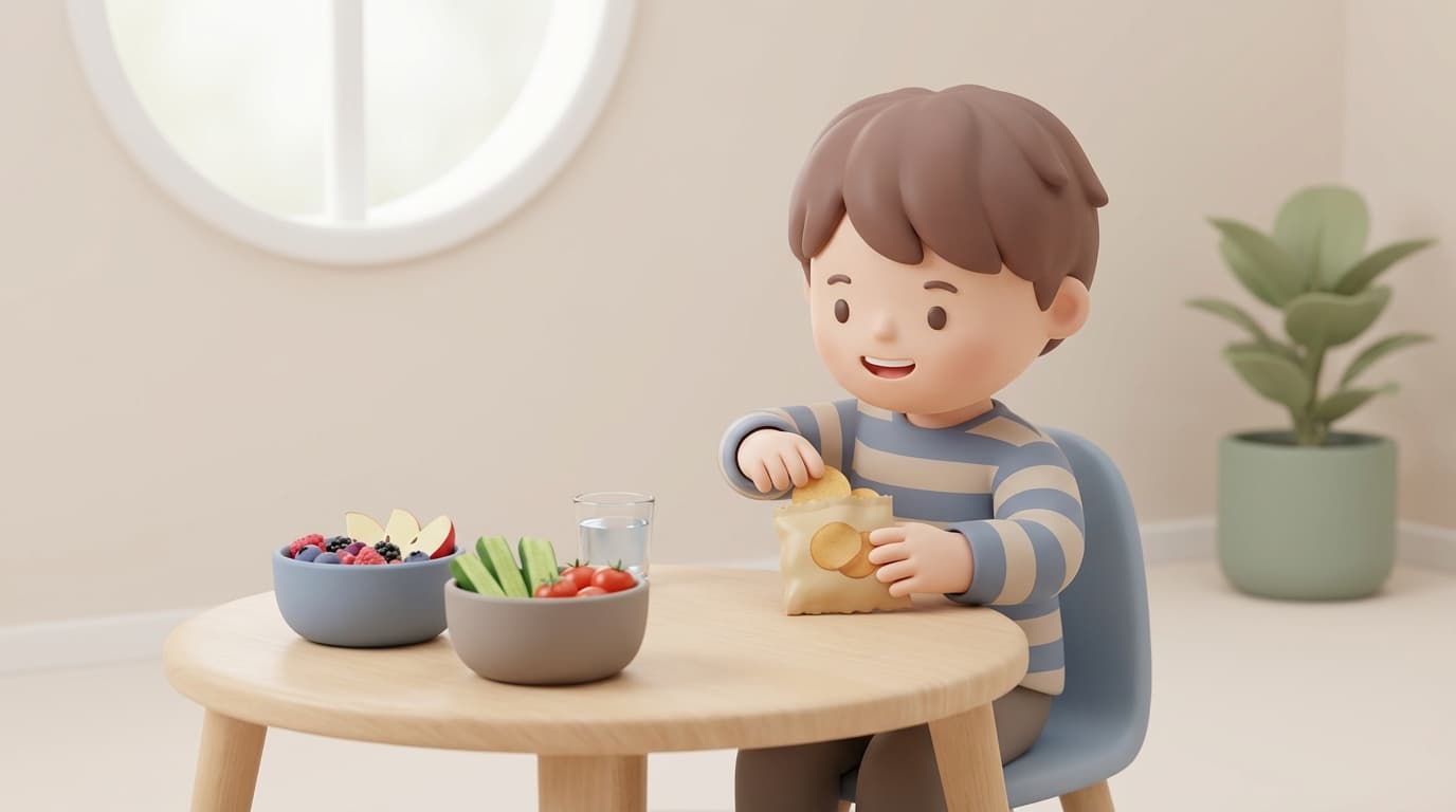 کودک در حال خوردن خوراکی ناسالم کنار میوه و سبزیجات