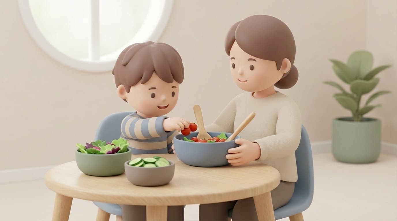 کودک و مادر در حال آماده‌کردن سالاد و انتخاب غذای سالم