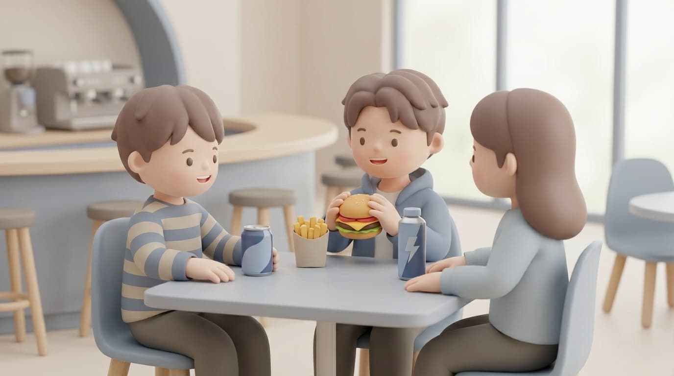 نوجوانان در حال خوردن فست‌فود و نوشیدنی ناسالم