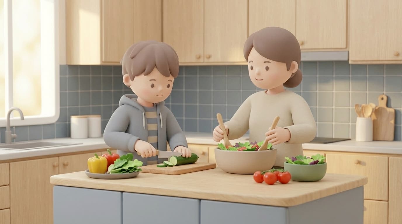 کودک و والدین در حال آماده‌کردن سالاد و انتخاب غذای سالم