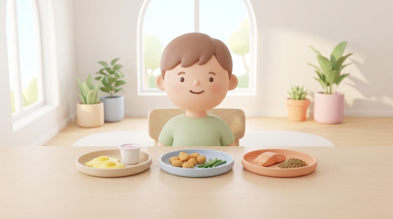 کودک با بشقاب‌های پروتئینی سالم شامل تخم‌مرغ، ماهی، حبوبات و سبزیجات در سه وعده متفاوت