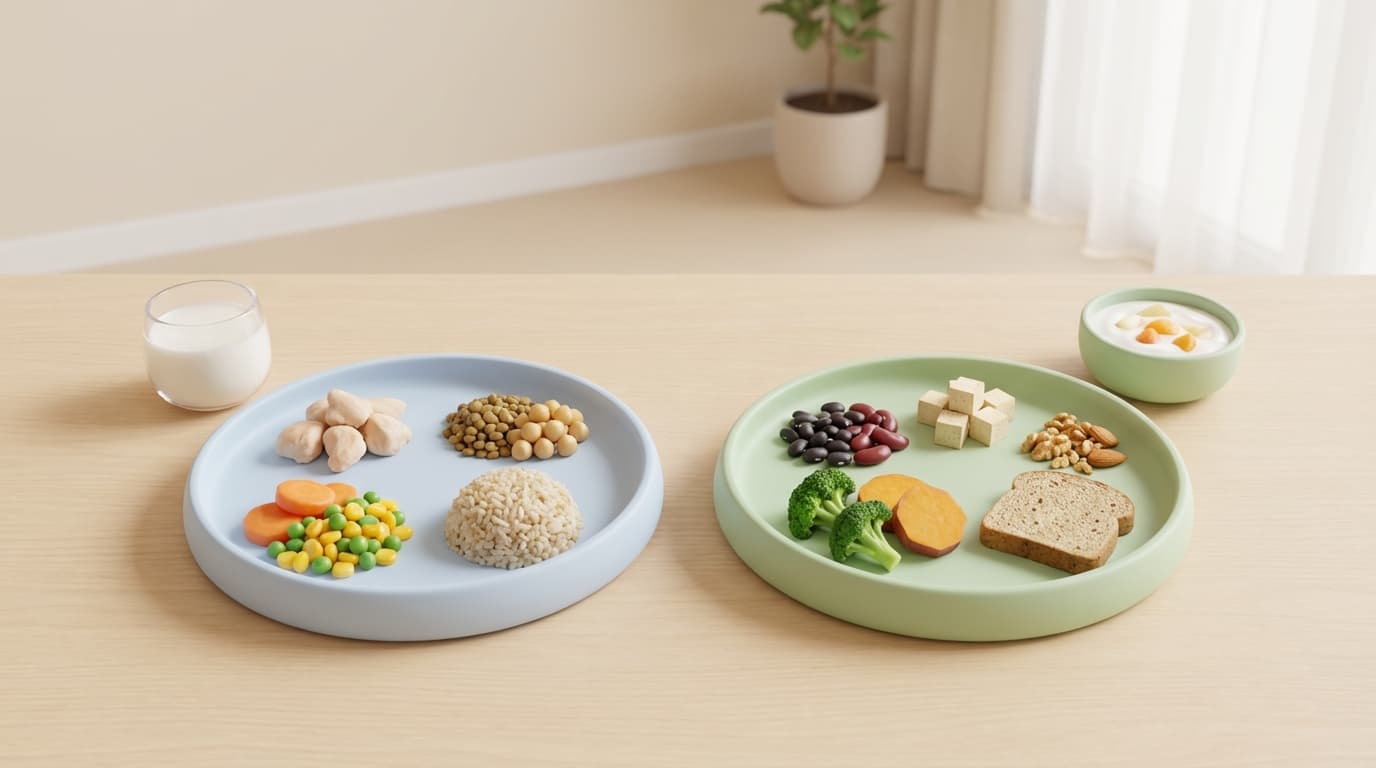 بشقاب‌های پروتئینی سالم کودک با مرغ، حبوبات، نان کامل، سبزیجات و ماست