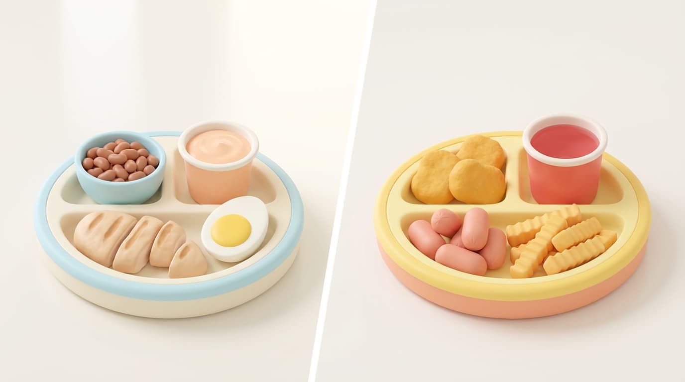 مقایسه وعده پروتئینی سالم کودک با غذای ناسالم و فرآوری‌شده