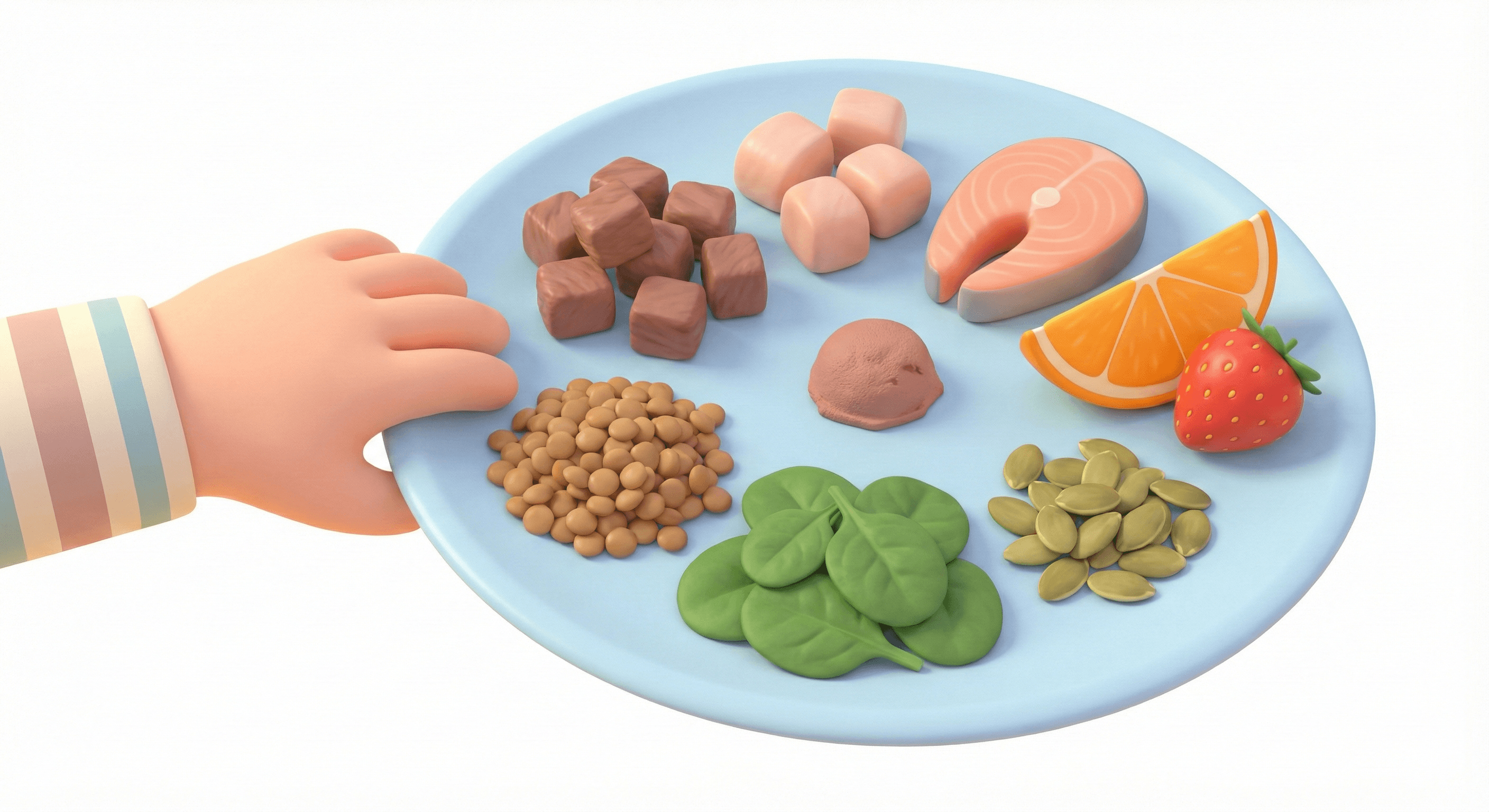 بشقاب سرشار از منابع آهن شامل گوشت، عدس، ماهی، تخم‌مرغ و سبزیجات برای افزایش انرژی و رشد کودک