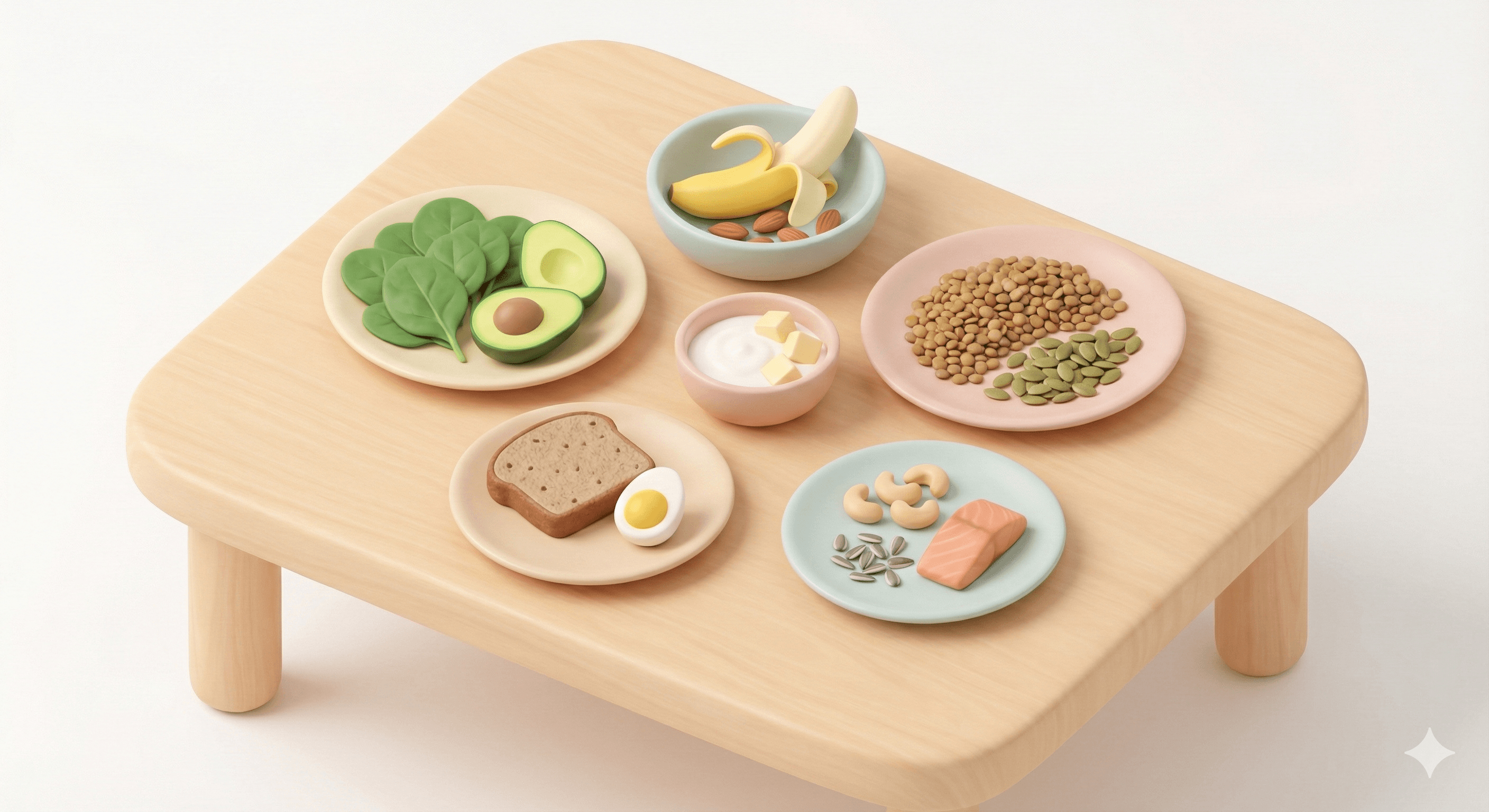 مجموعه‌ای از غذاهای سالم شامل سبزیجات، غلات، لبنیات، مغزها و ماهی برای تغذیه و رشد کودک