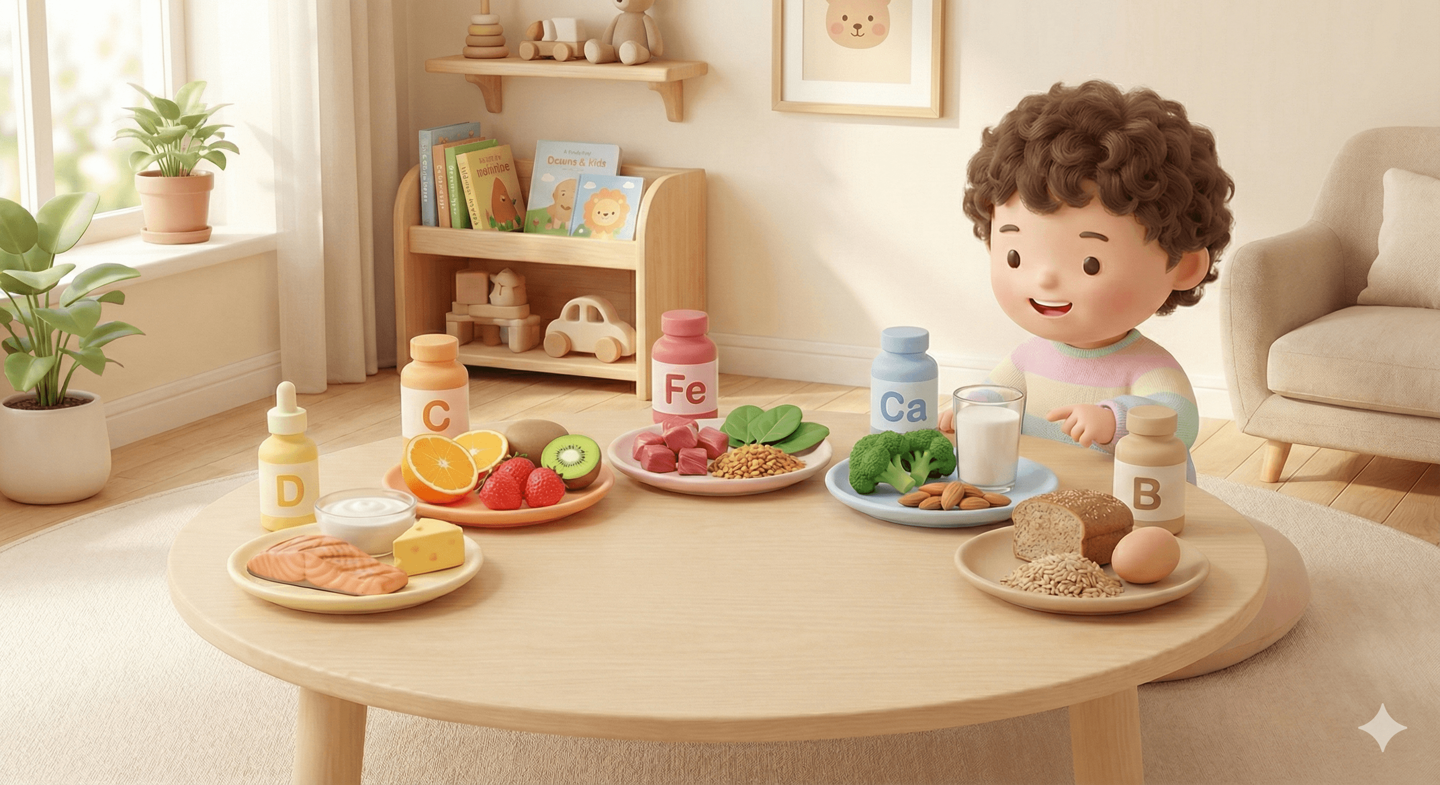 کودک در حال یادگیری ویتامین‌ها و مواد معدنی همراه با غذاهای سالم برای رشد و تقویت بدن
