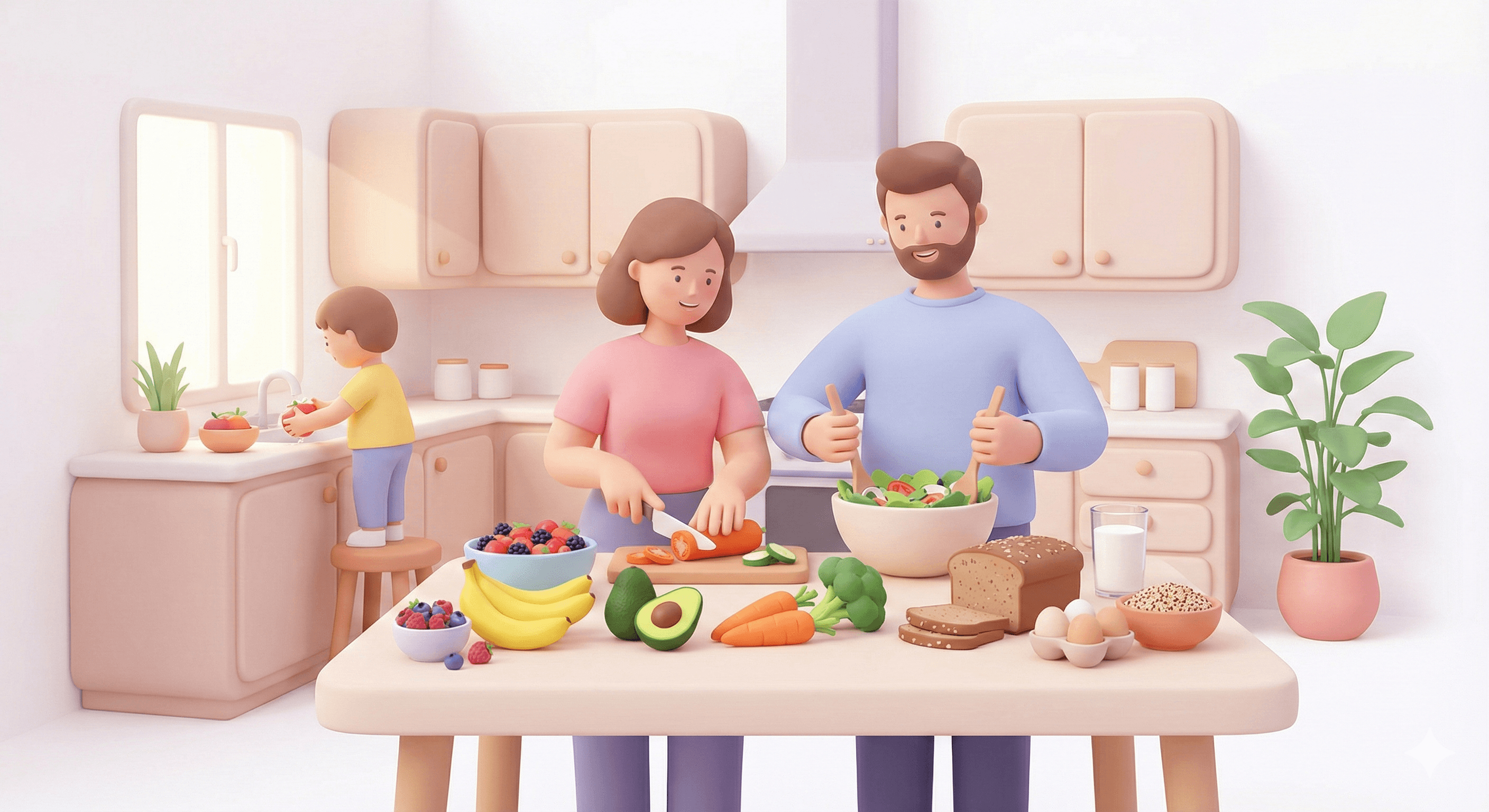 خانواده در حال آماده‌سازی غذای سالم و سرشار از ویتامین برای رشد کودک