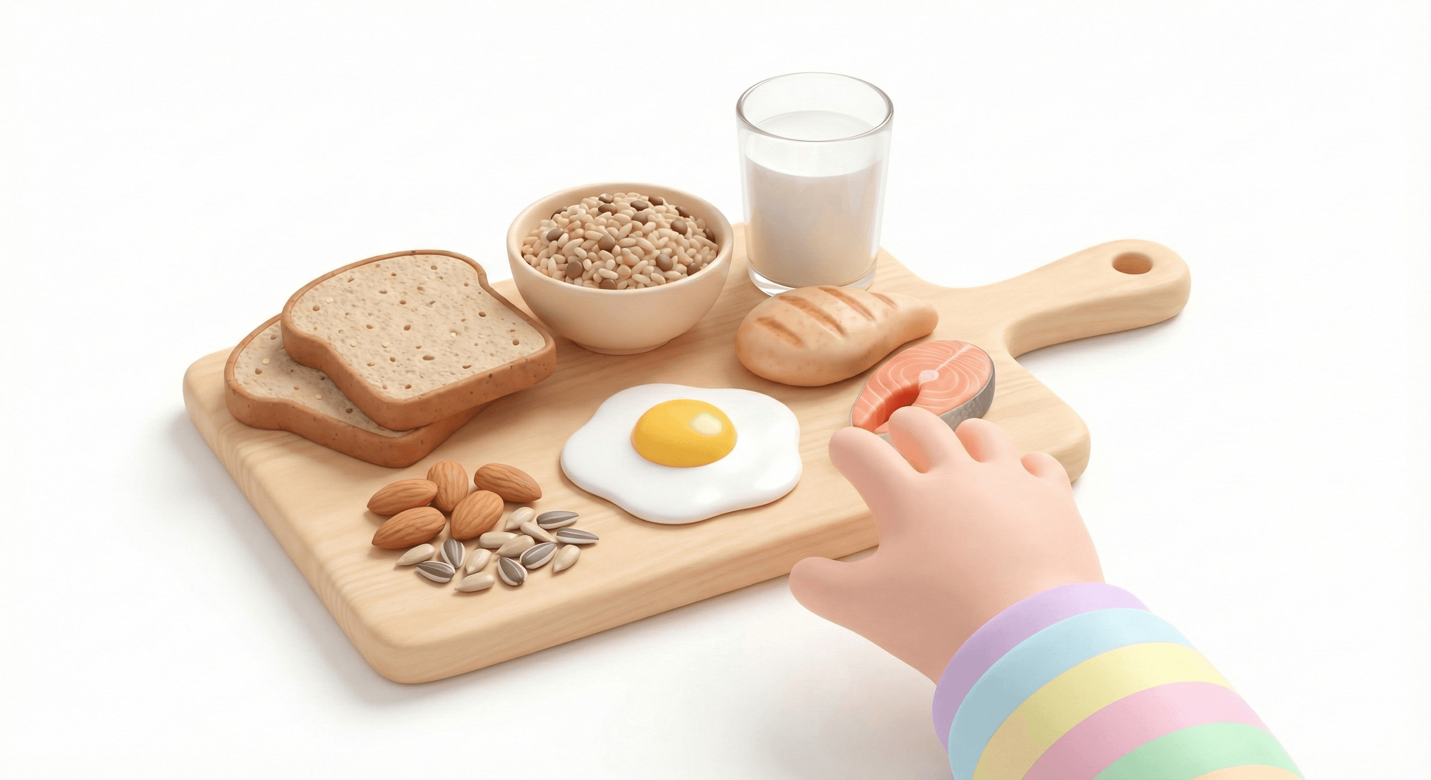 صبحانه سالم کودک شامل نان سبوس‌دار، تخم‌مرغ، غلات کامل، ماهی و آجیل برای رشد