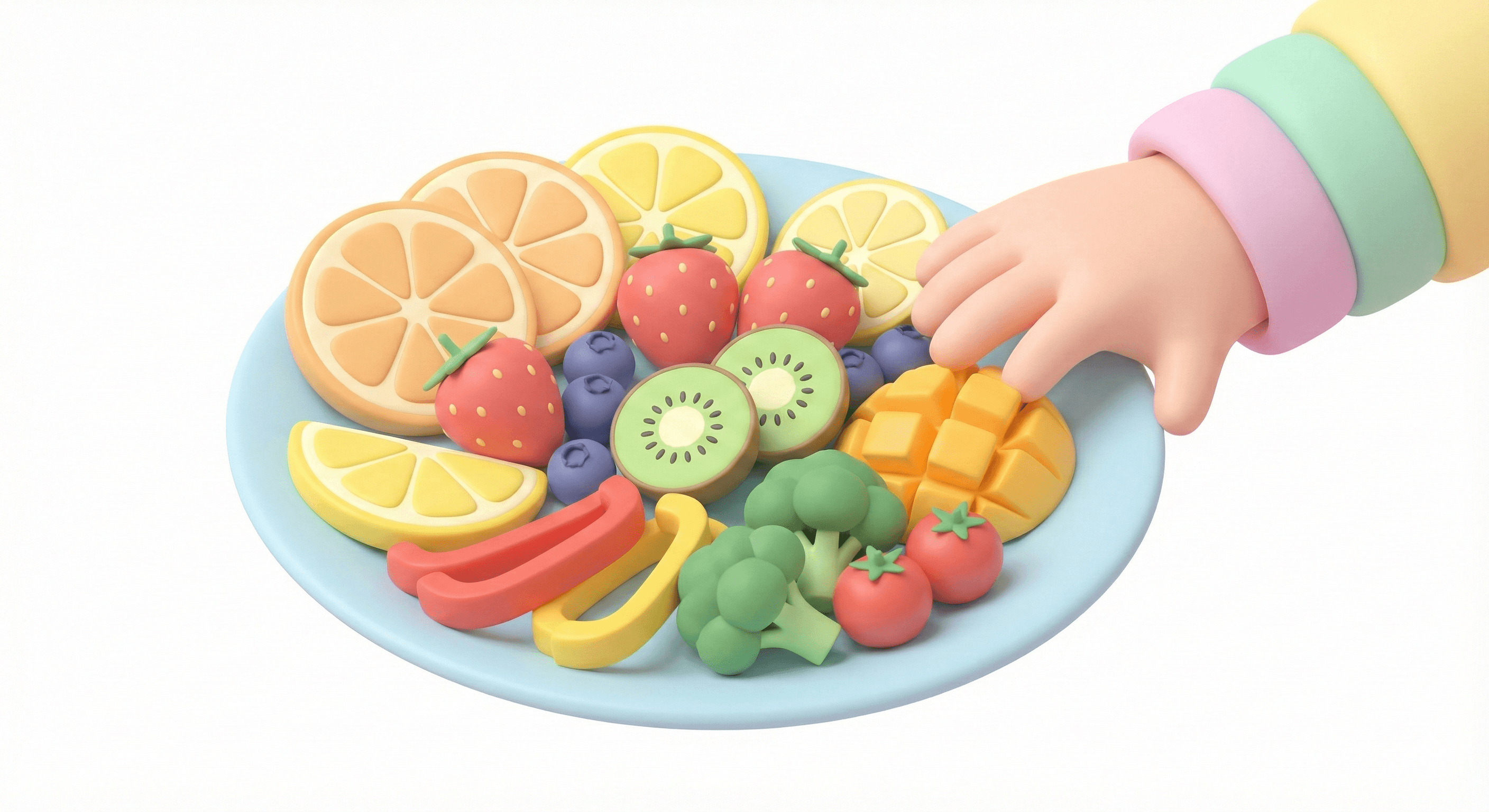 بشقاب میوه و سبزیجات رنگارنگ برای تغذیه سالم و تقویت رشد کودک