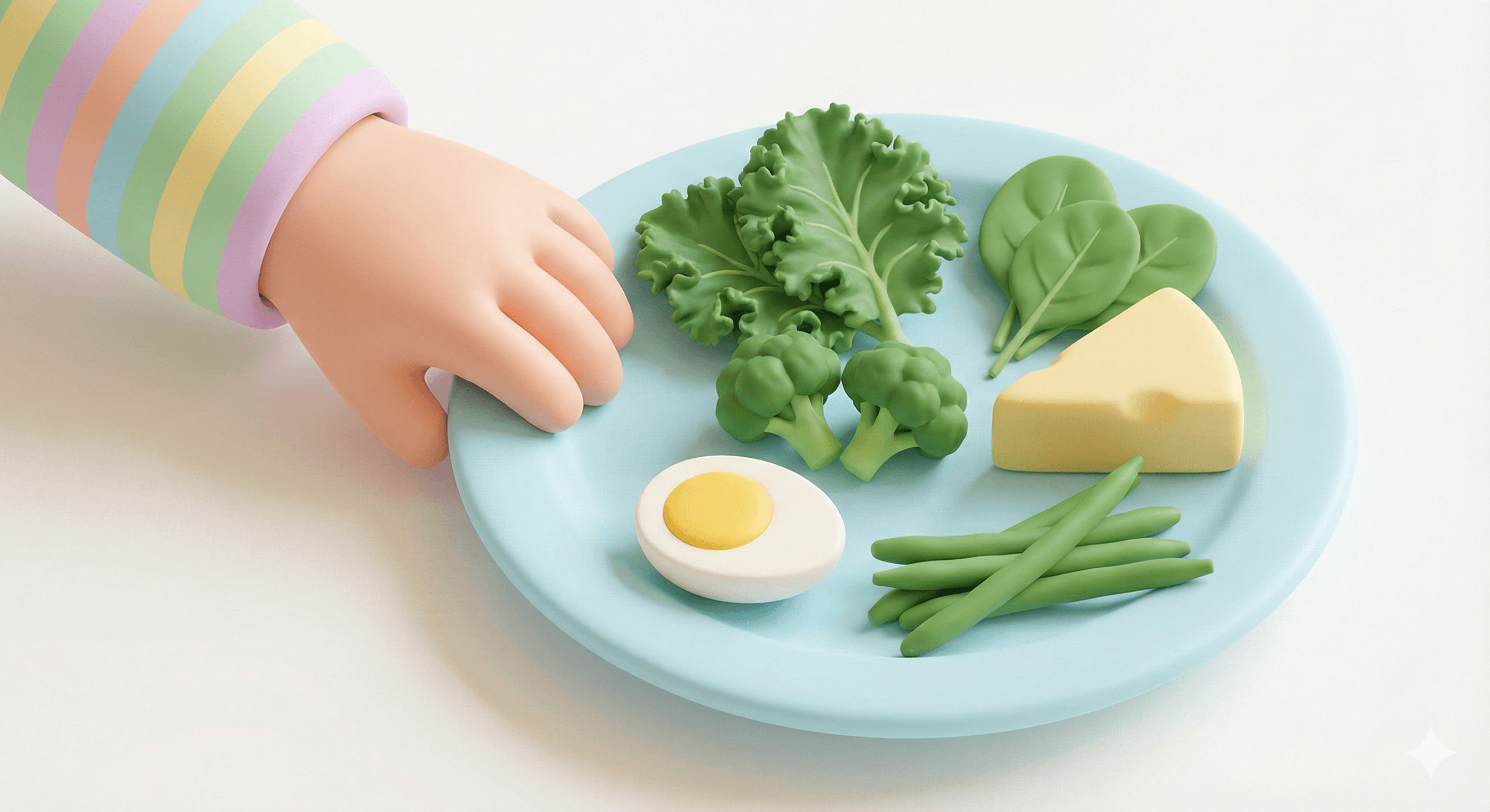 بشقاب سبزیجات برگ‌دار، بروکلی، تخم‌مرغ و پنیر؛ غذاهای مفید برای رشد کودک