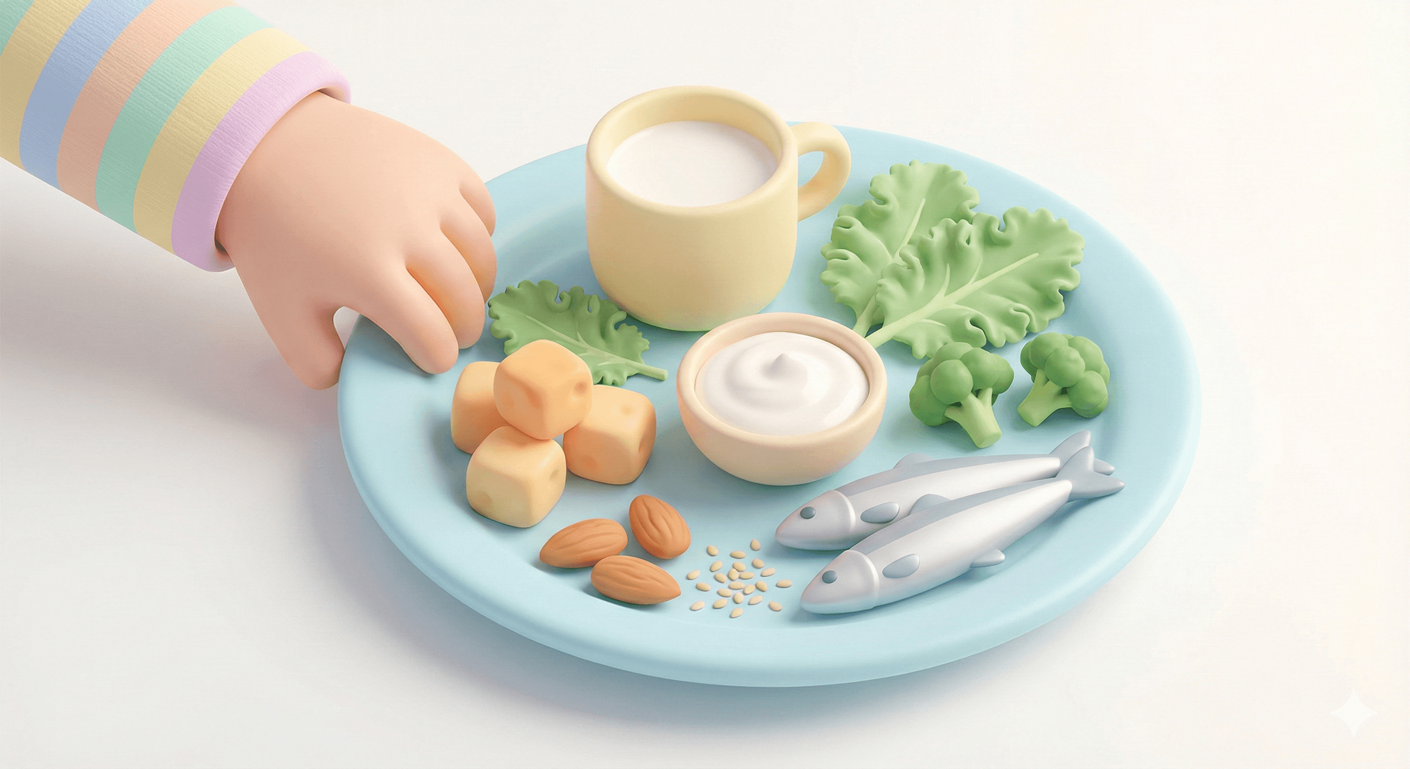 بشقاب شامل لبنیات، سبزیجات، آجیل و ماهی؛ منابع سرشار از کلسیم برای رشد استخوان‌های کودک