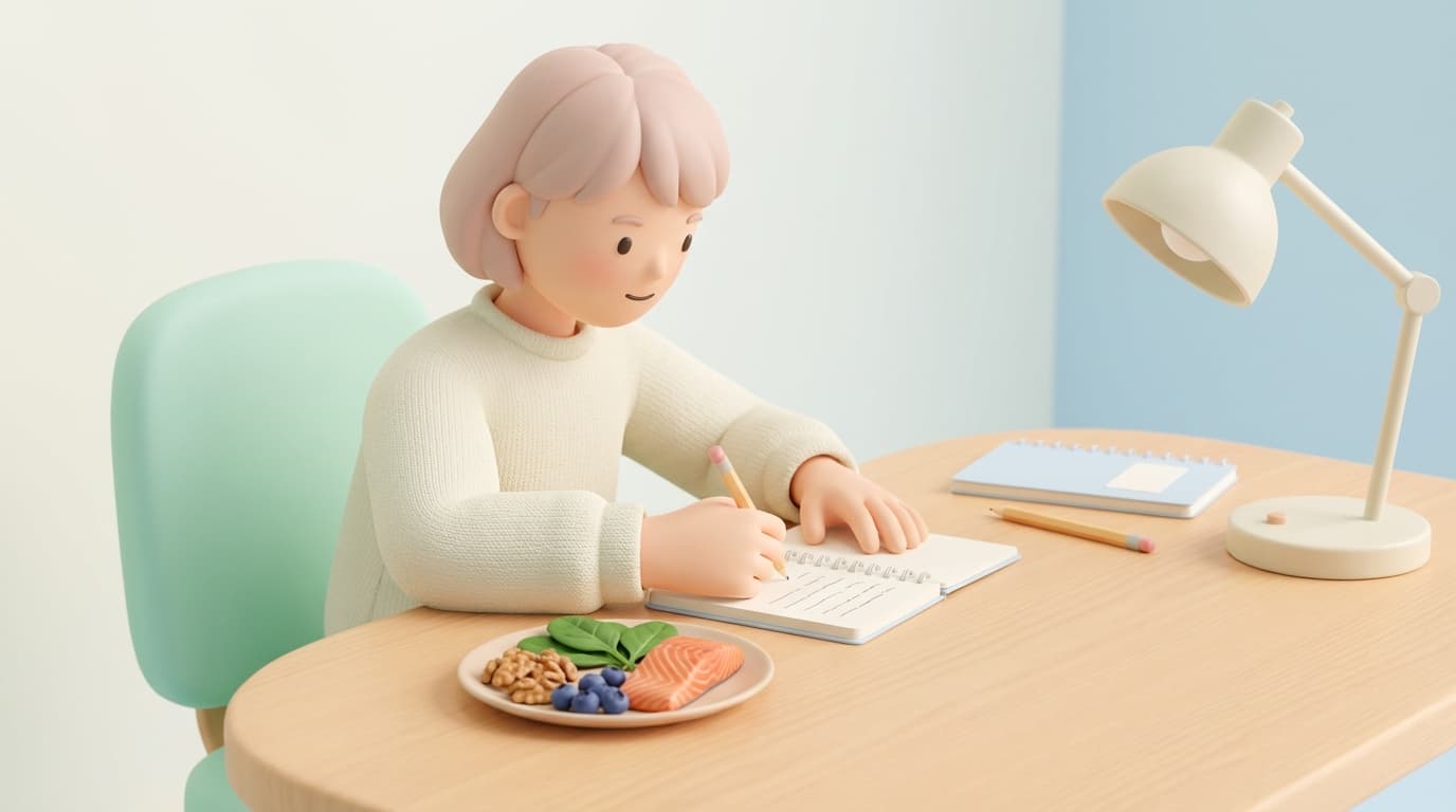 نوجوان در حال مطالعه پشت میز همراه با خوراکیهای مفید برای مغز مانند ماهی، مغزها، اسفناج و بلوبری در سبک سهبعدی پاستلی