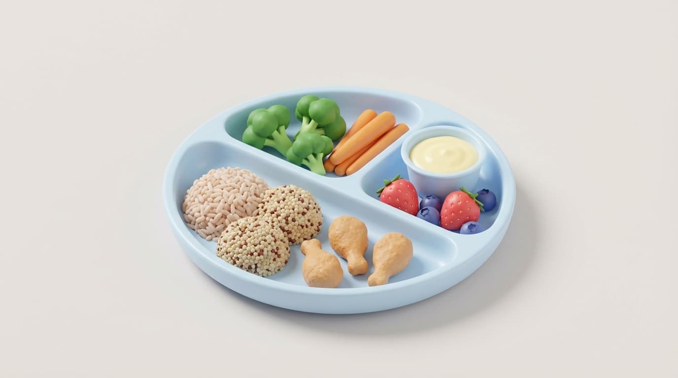 بشقاب غذای سالم نوجوان شامل سبزیجات، غلات، تکههای مرغ، توتها و ماست در سبک سهبعدی پاستلی