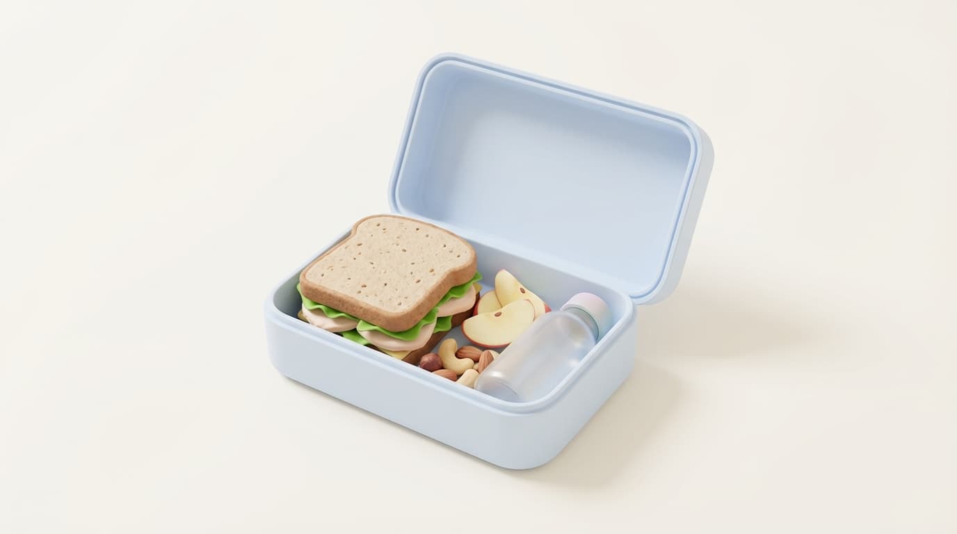 جعبه نهار سالم نوجوان شامل ساندویچ، برشهای سیب، مغزها و بطری آب در سبک سهبعدی پاستلی