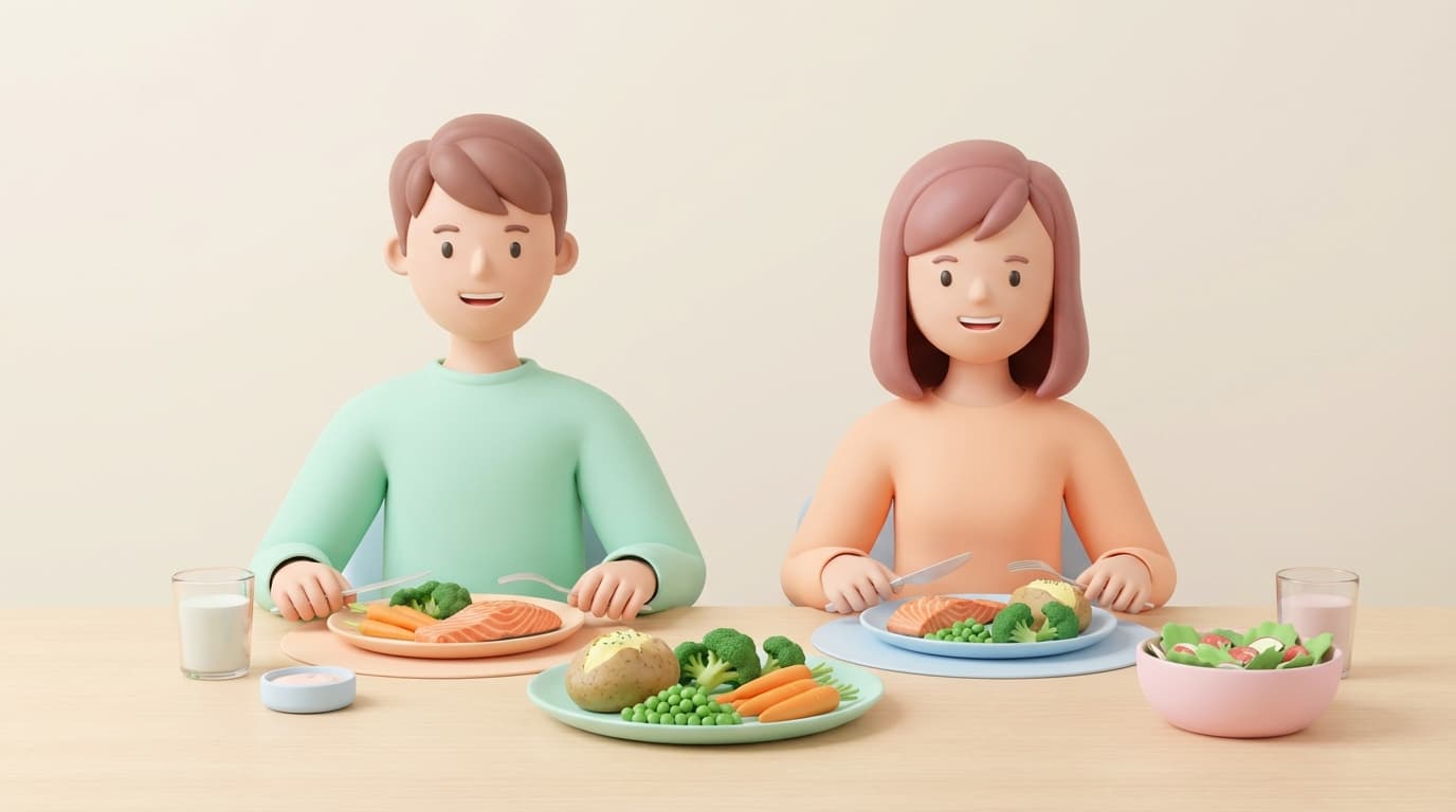 پسر و دختر نوجوان در حال خوردن وعده غذایی سالم با ماهی، سبزیجات و شیر در سبک سهبعدی پاستلی