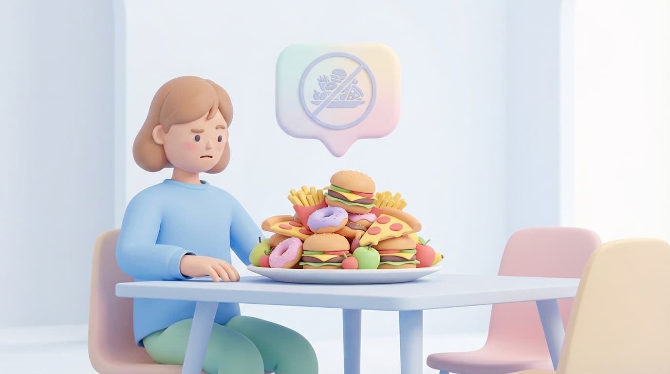 نوجوان ناراضی روبهروی بشقاب فستفود با نماد ممنوعیت غذای ناسالم در سبک سهبعدی پاستلی